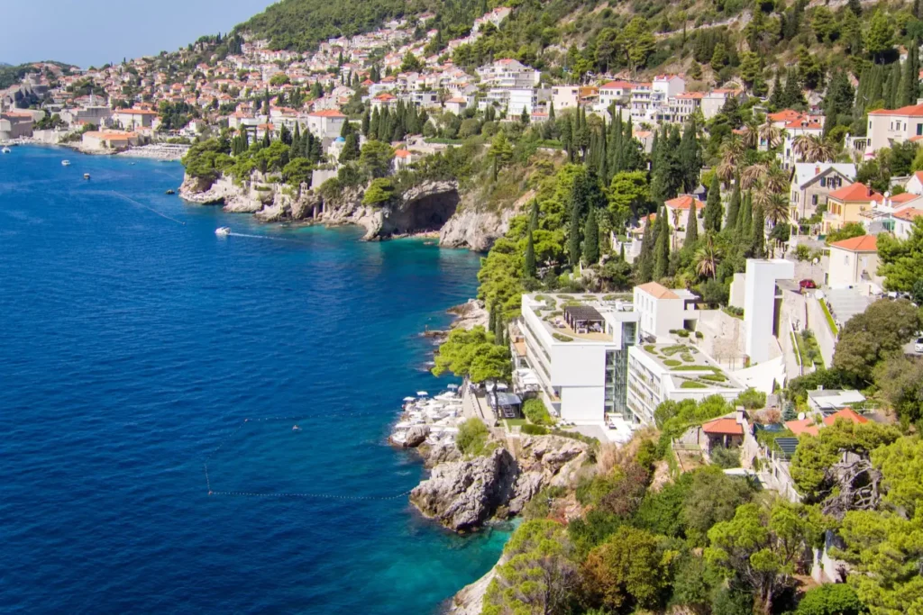 Luxury Villa Dubrovnik Croatia coastal resort on a cliff overlooking the crystalline Adriatic Sea.